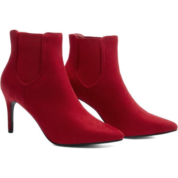 Women's Red/Suede Pointed Toe Stiletto High Heel Ankle Booties - Picture 3 of 7